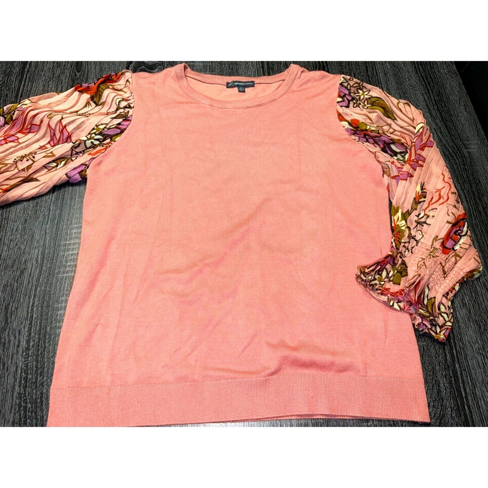 Adrianna Papell Knit Top Floral Chiffon Puff Sleeves Romantic Small Feminine